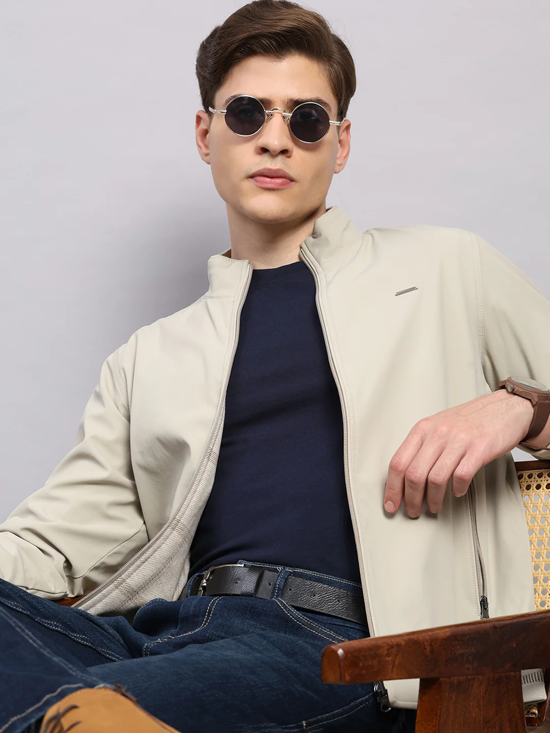 Men Off White Solid Collar Full Sleeve Jacket - Image 6