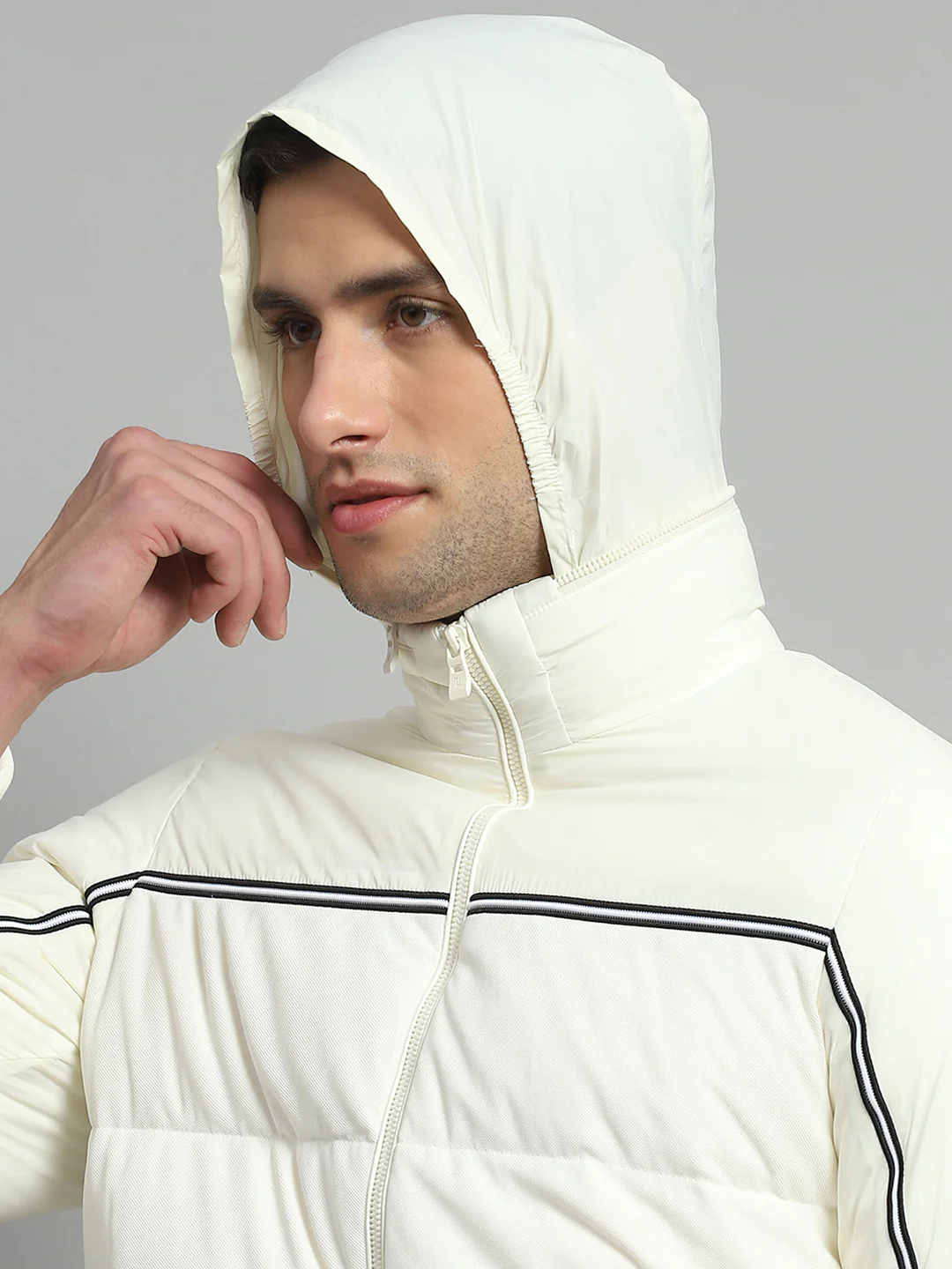 Luxuria Men Off White Solid Detachable Hood Full Sleeve Jacket - Image 8