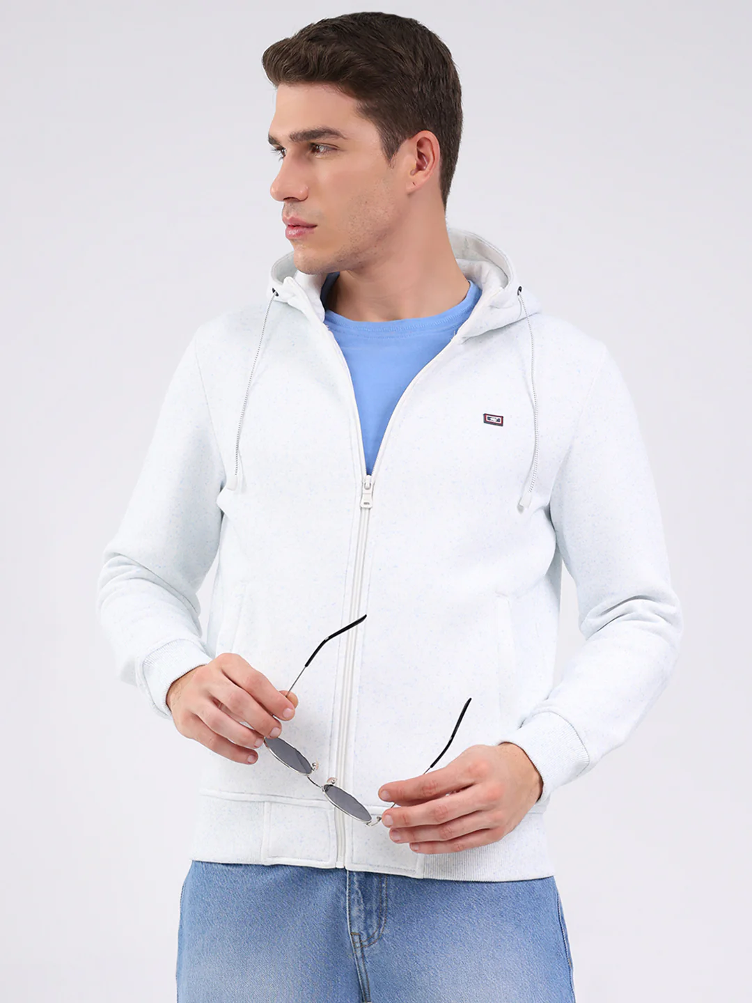 Men Off White Solid Hooded Full Sleeve Sweatshirt - Image 6