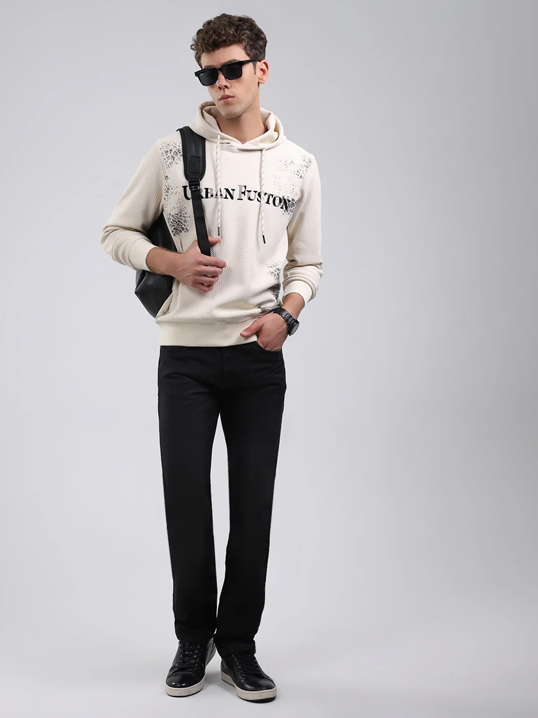 Men Off White Solid Hooded Full Sleeve Sweatshirt - Image 2
