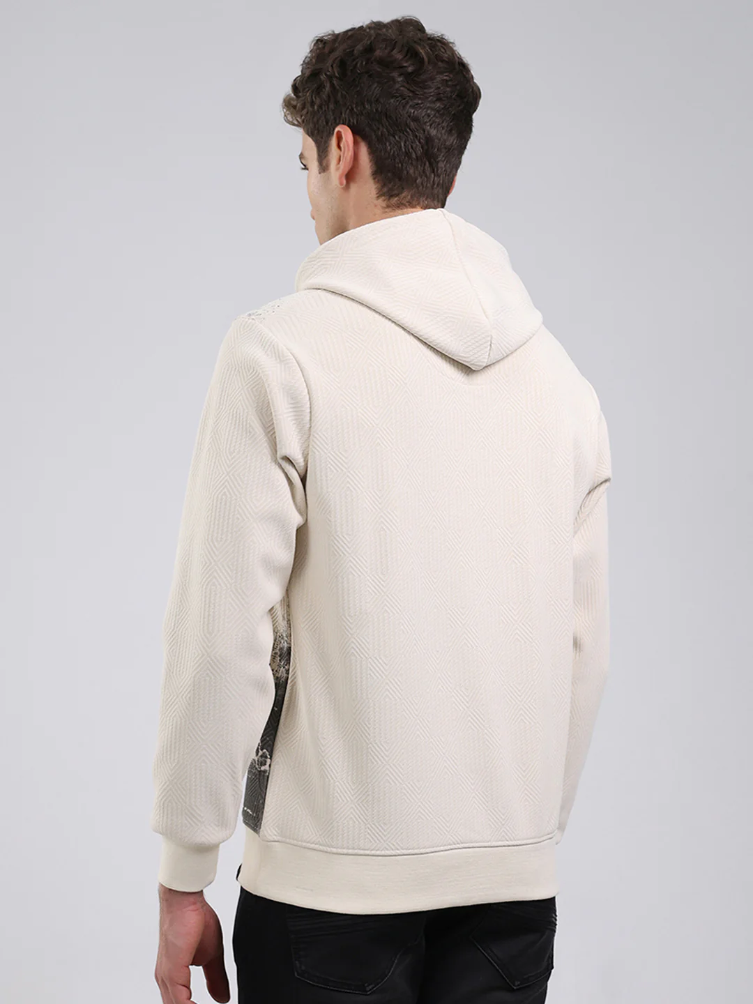 Men Off White Solid Hooded Full Sleeve Sweatshirt - Image 5