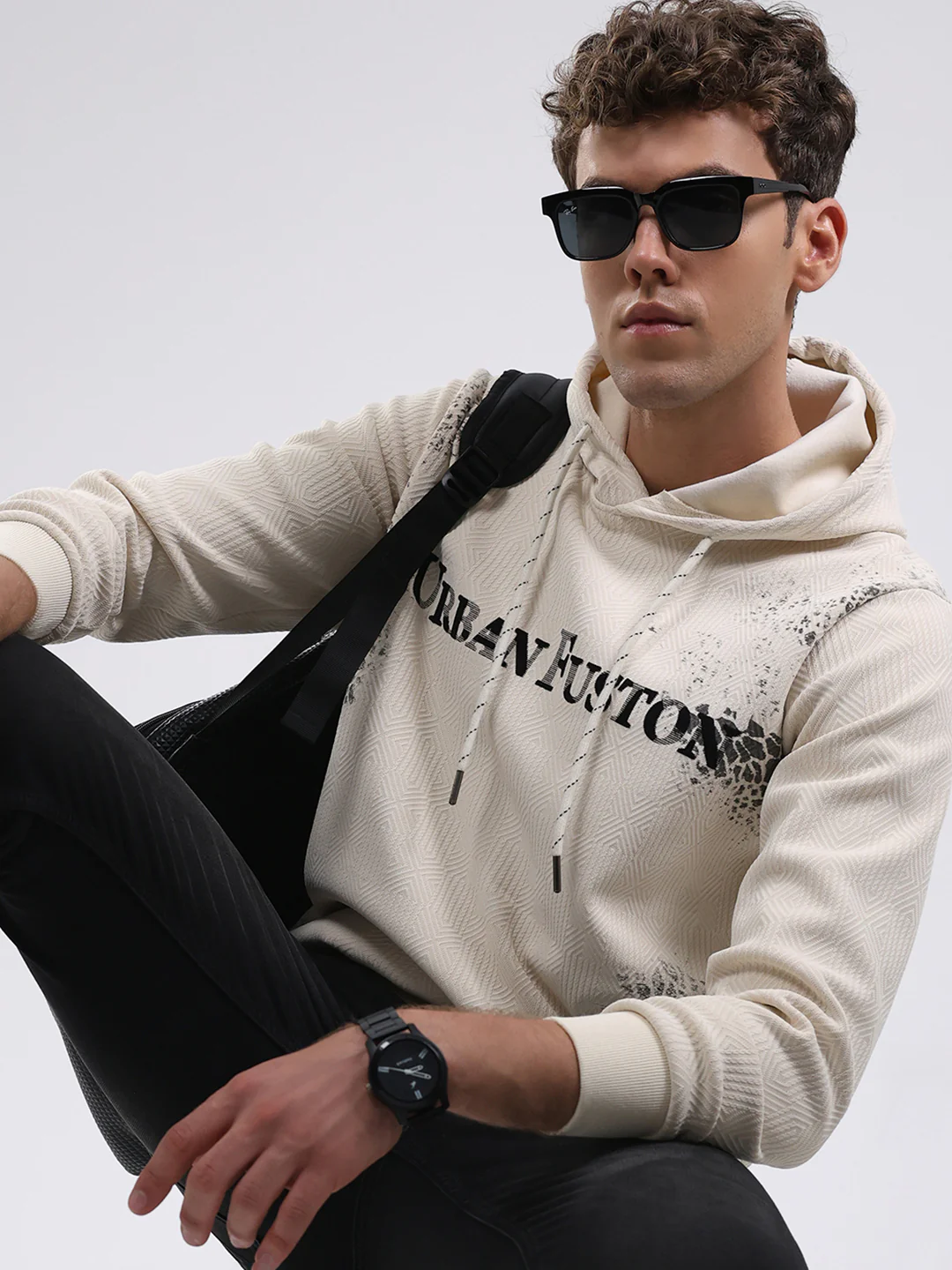 Men Off White Solid Hooded Full Sleeve Sweatshirt - Image 6