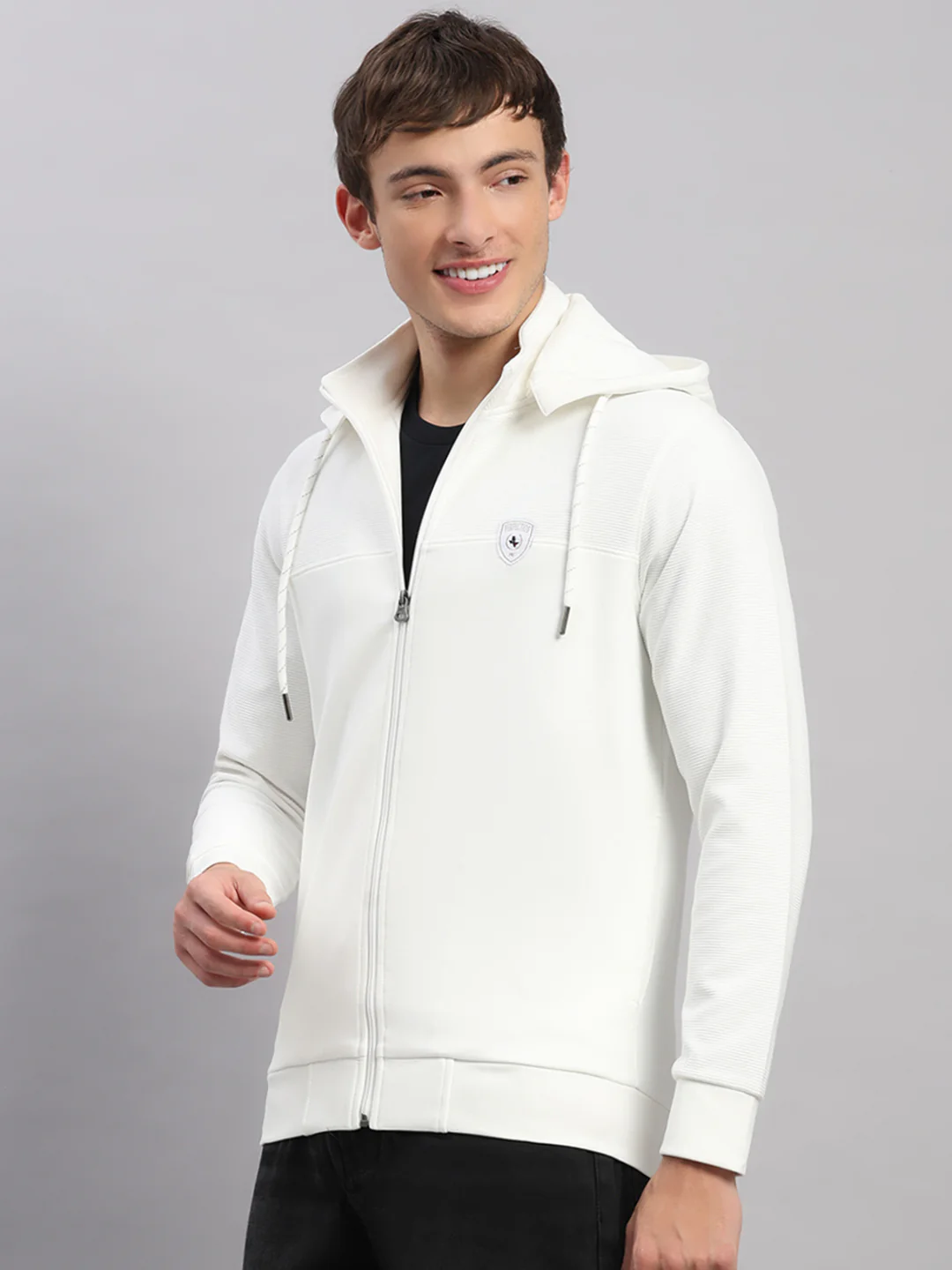 Men Off White Solid Hooded Full Sleeve Sweatshirt - Image 3