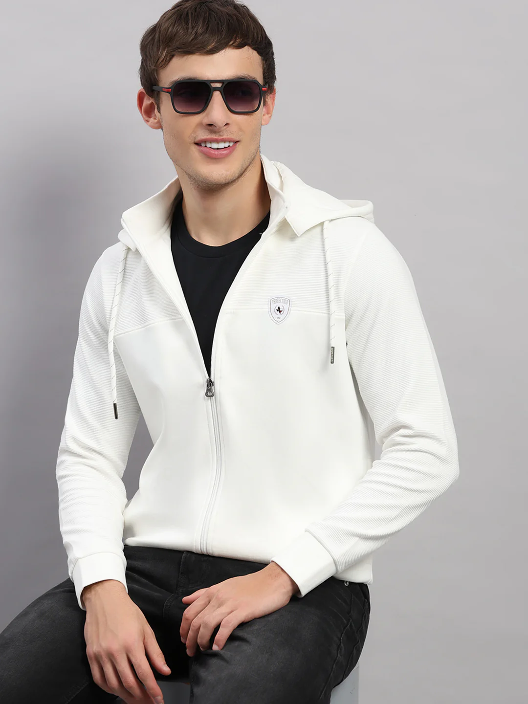 Men Off White Solid Hooded Full Sleeve Sweatshirt - Image 6