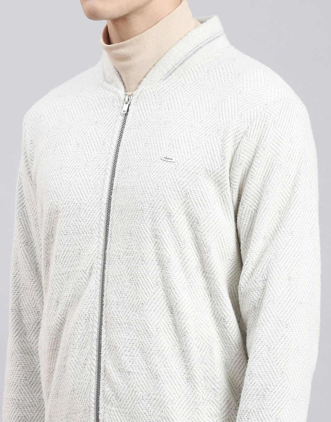 Men Off White Solid Mandarin Collar Full Sleeve Sweatshirt - Image 6