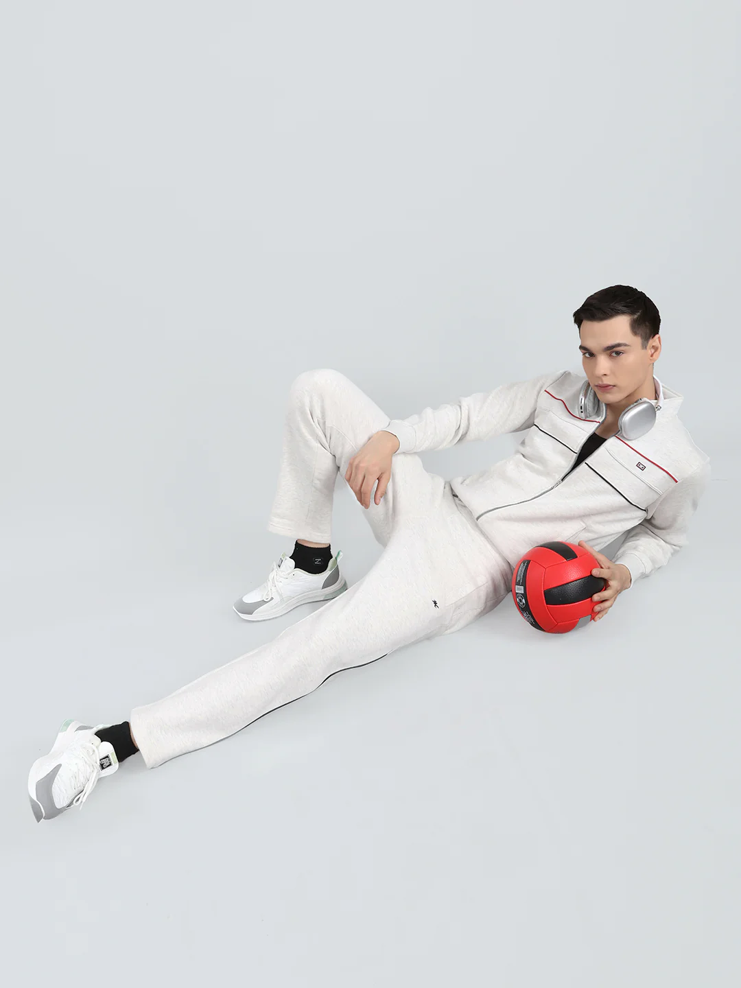 Men Off White Solid Mandarin Collar Full Sleeve Winter Tracksuit - Image 6