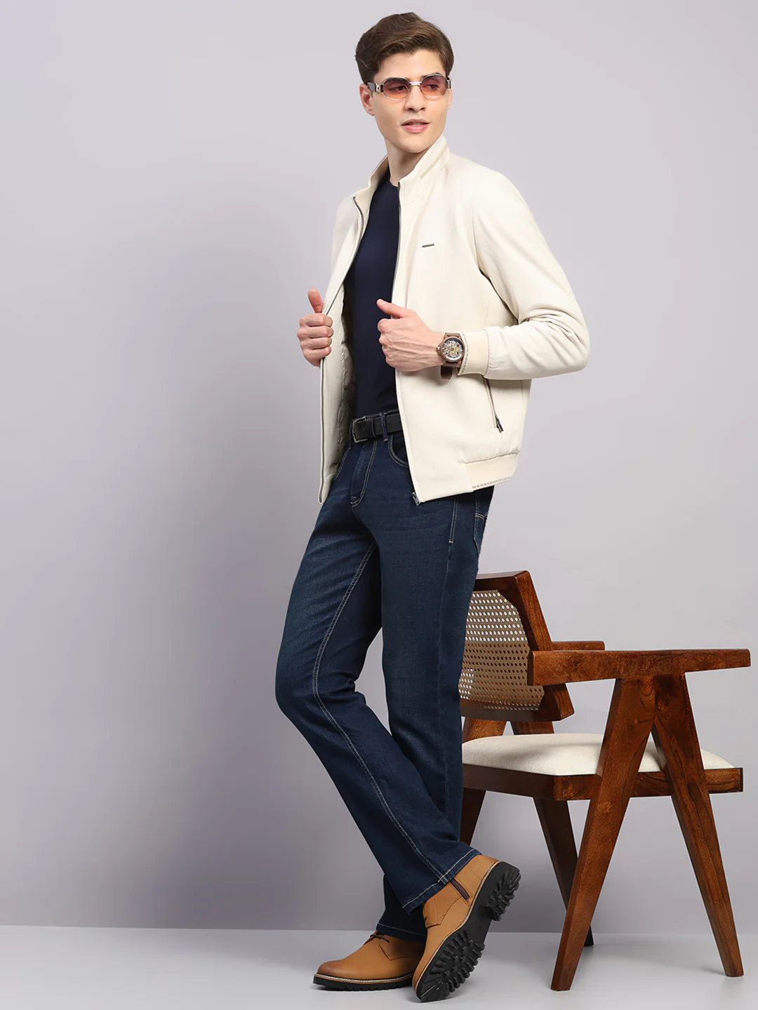 Men Off White Solid Mock Neck Full Sleeve Jacket - Image 2