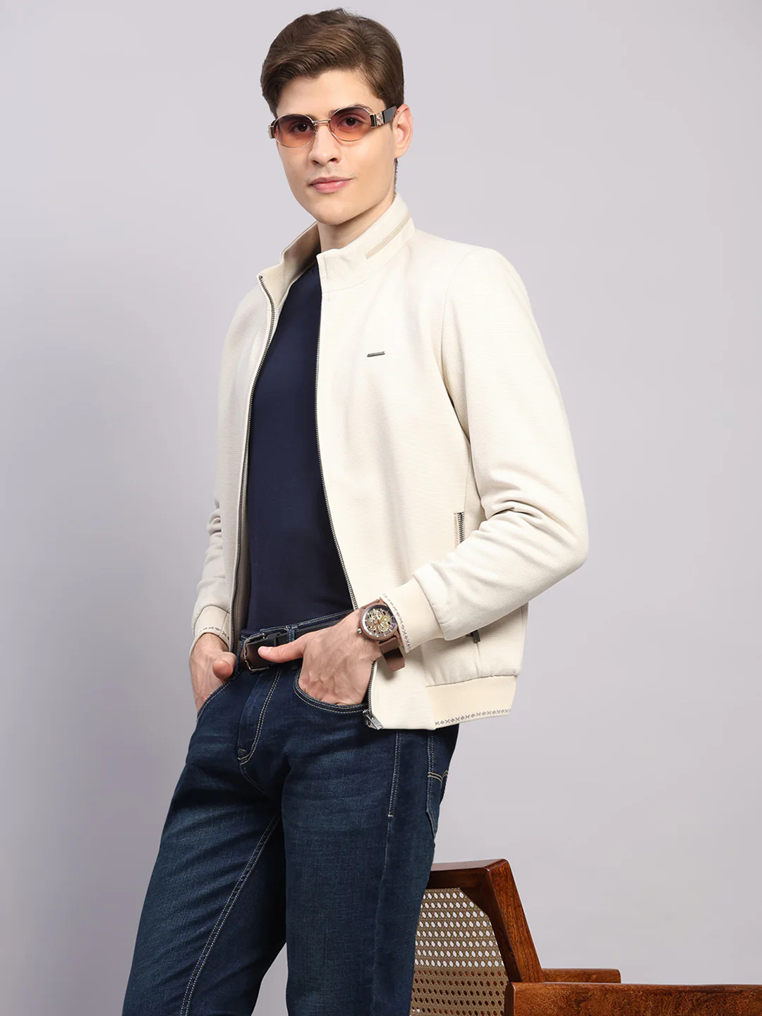 Men Off White Solid Mock Neck Full Sleeve Jacket - Image 6