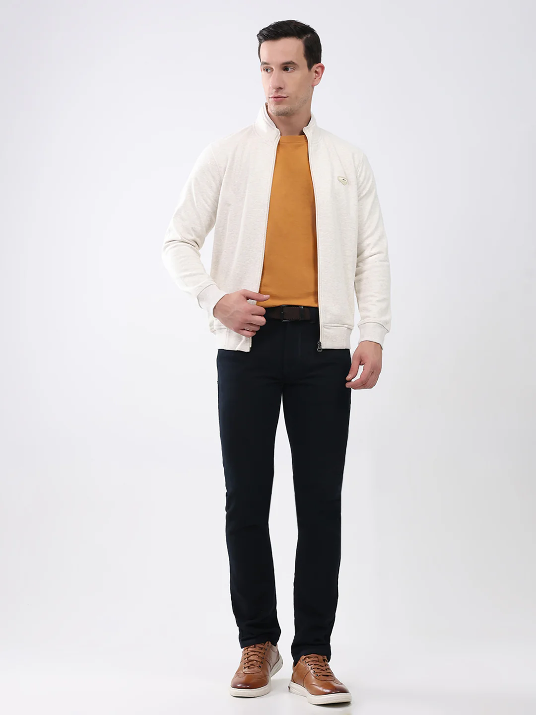 Men Off White Solid Mock Neck Full Sleeve Sweatshirt - Image 2