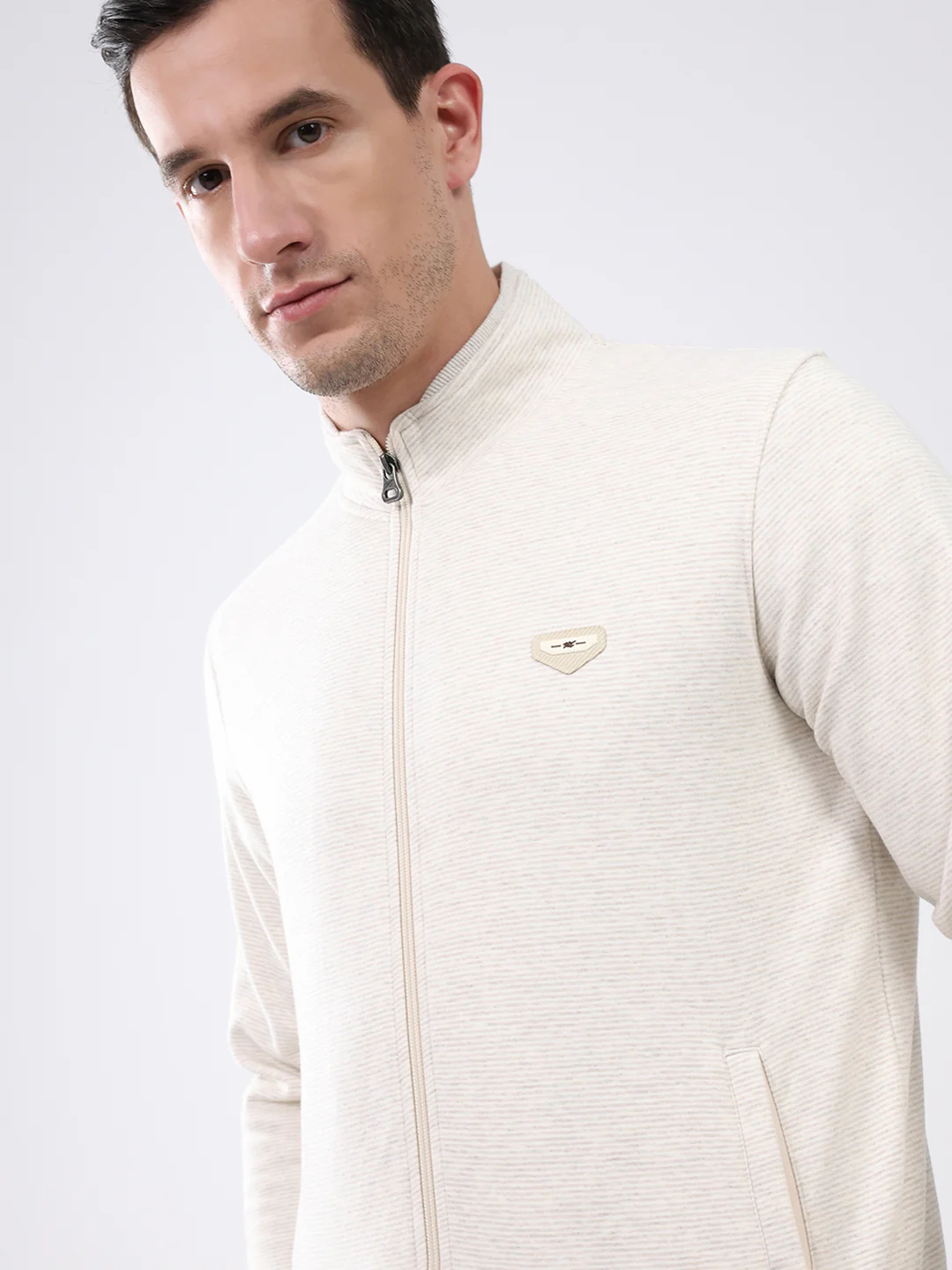 Men Off White Solid Mock Neck Full Sleeve Sweatshirt - Image 6
