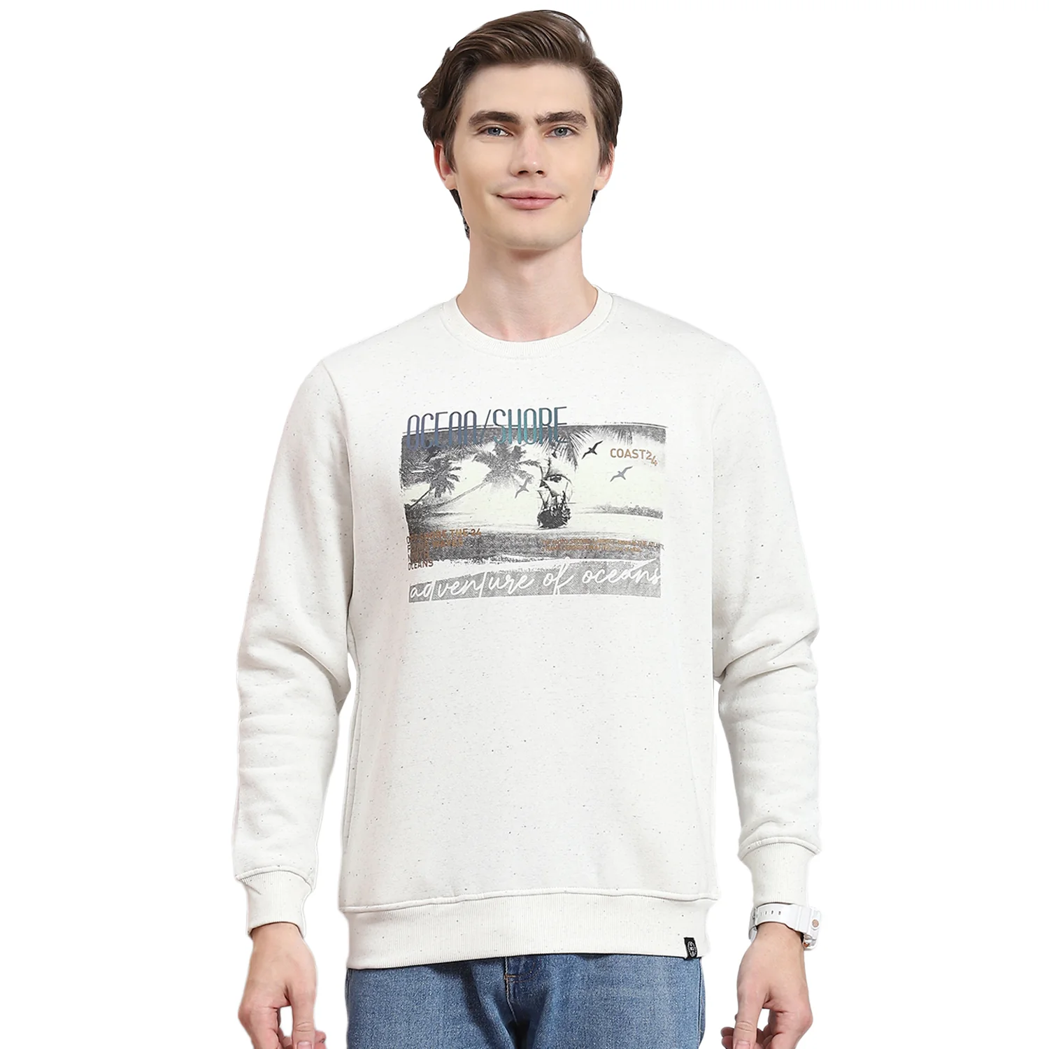 Men Off White Solid Round Neck Full Sleeve Sweatshirt - Image 5