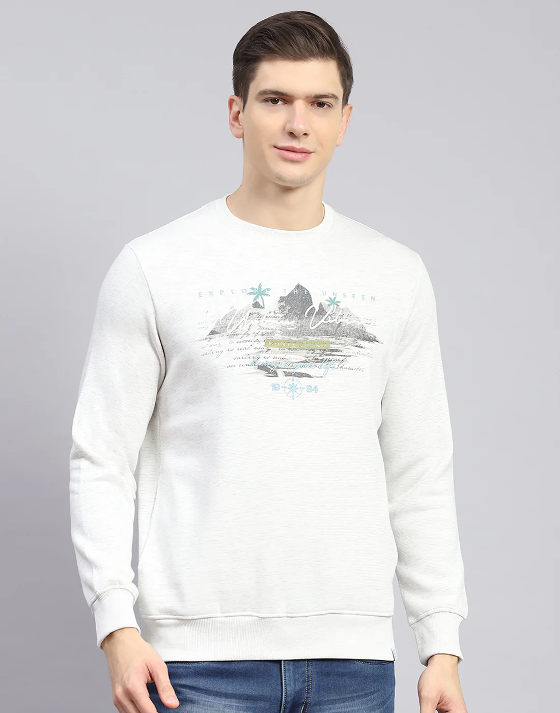 Men Off White Solid Round Neck Full Sleeve Sweatshirt - Image 3