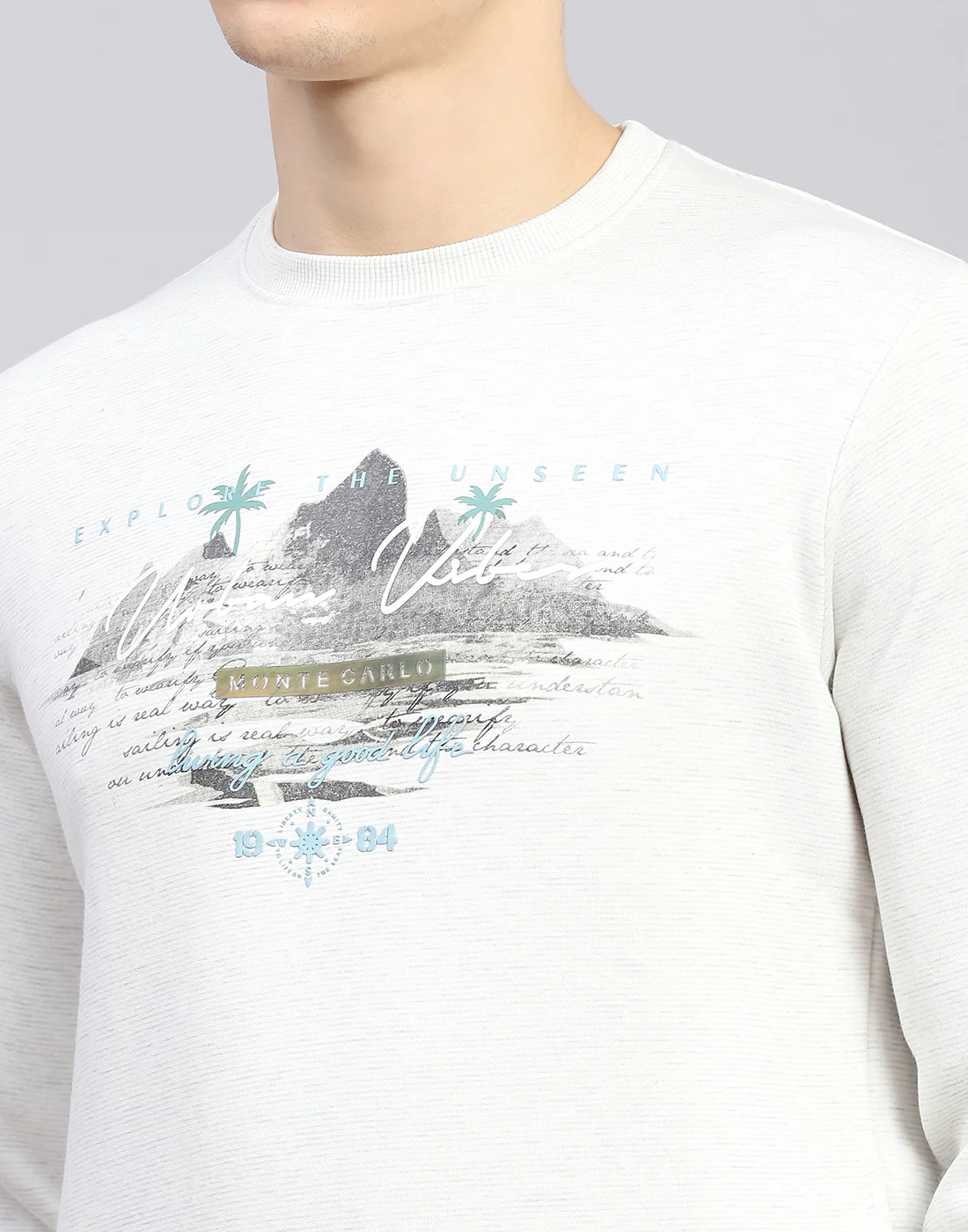 Men Off White Solid Round Neck Full Sleeve Sweatshirt - Image 8