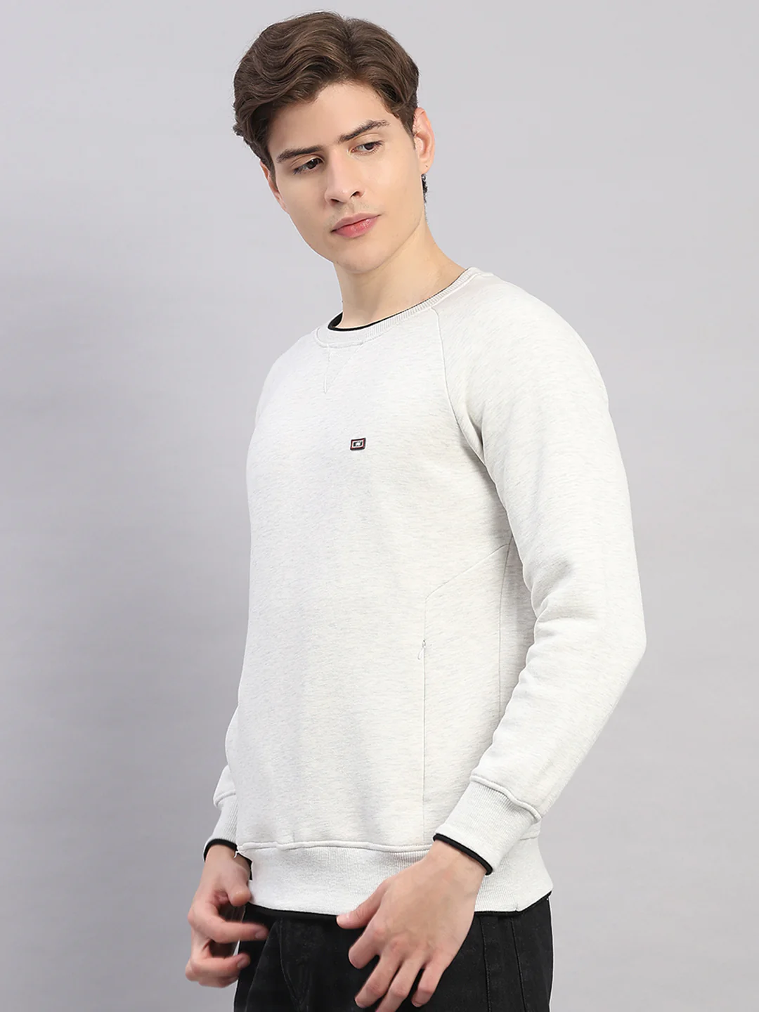 Men Off White Solid Round Neck Full Sleeve Sweatshirt - Image 4