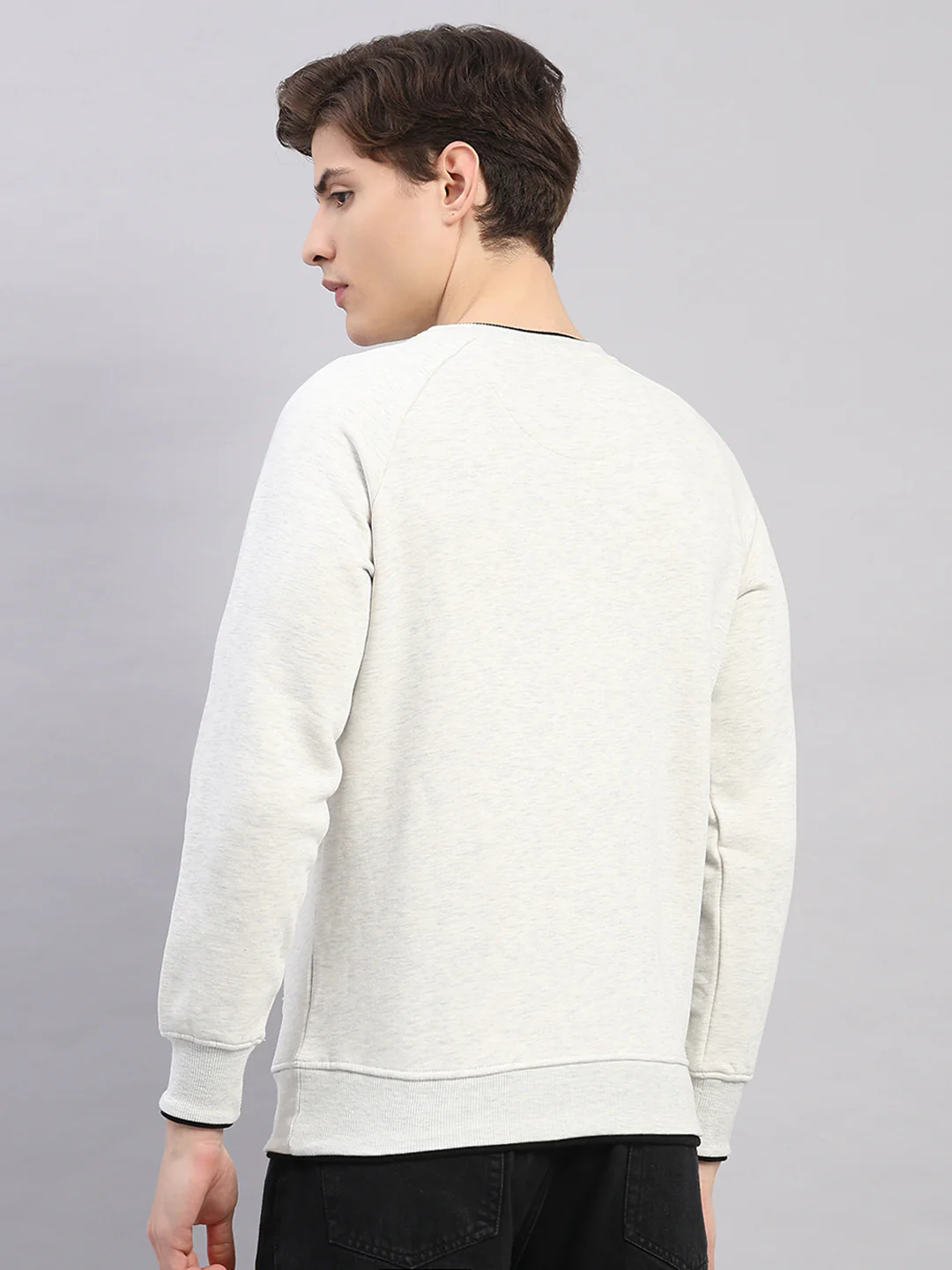 Men Off White Solid Round Neck Full Sleeve Sweatshirt - Image 6