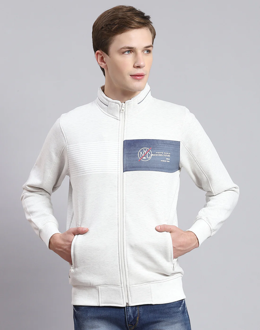 Men Off White Solid Stand Collar Full Sleeve Sweatshirt - Image 2
