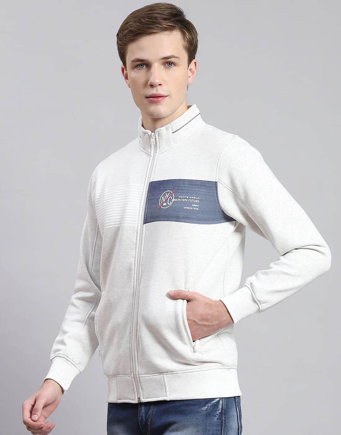 Men Off White Solid Stand Collar Full Sleeve Sweatshirt - Image 3