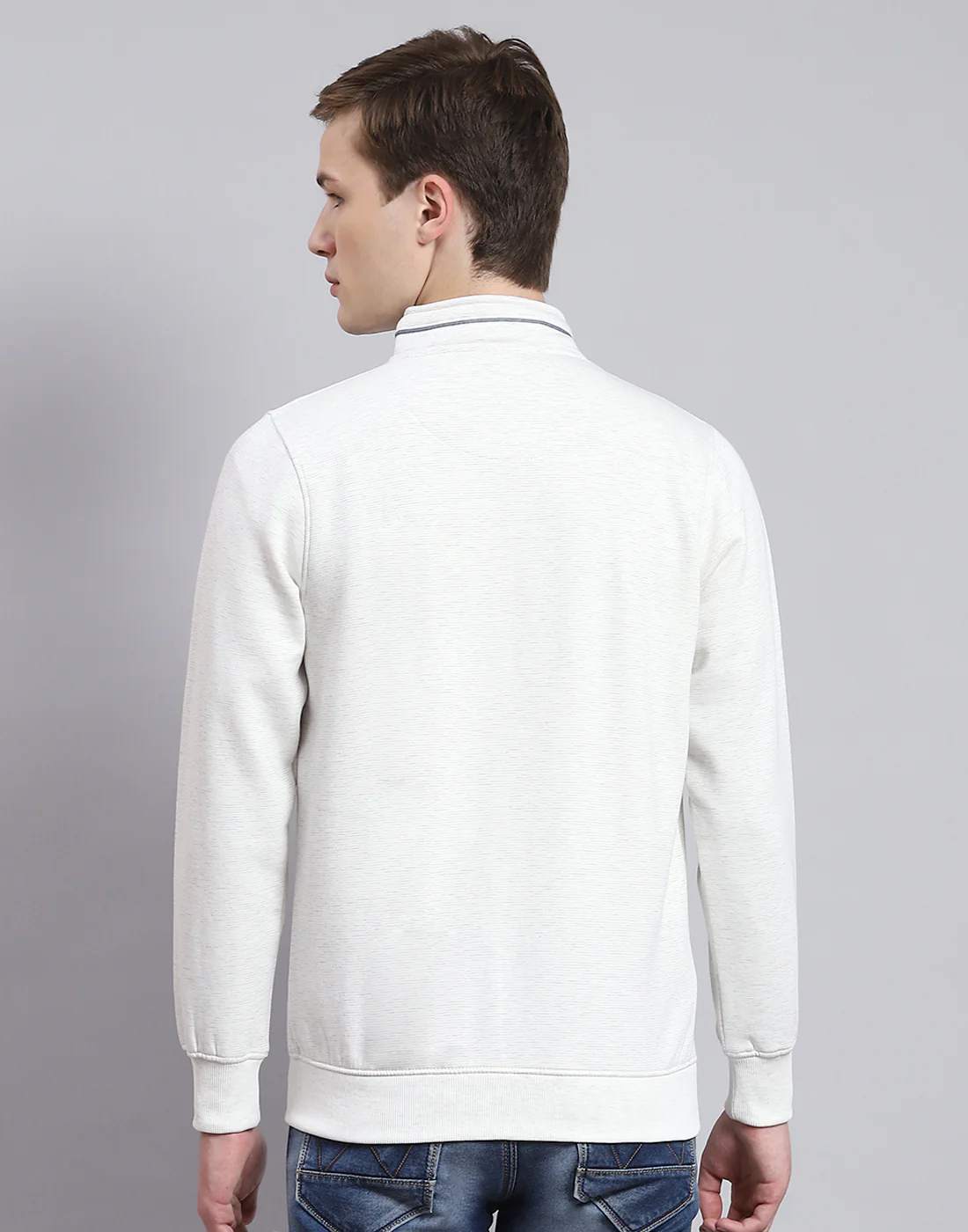 Men Off White Solid Stand Collar Full Sleeve Sweatshirt - Image 5
