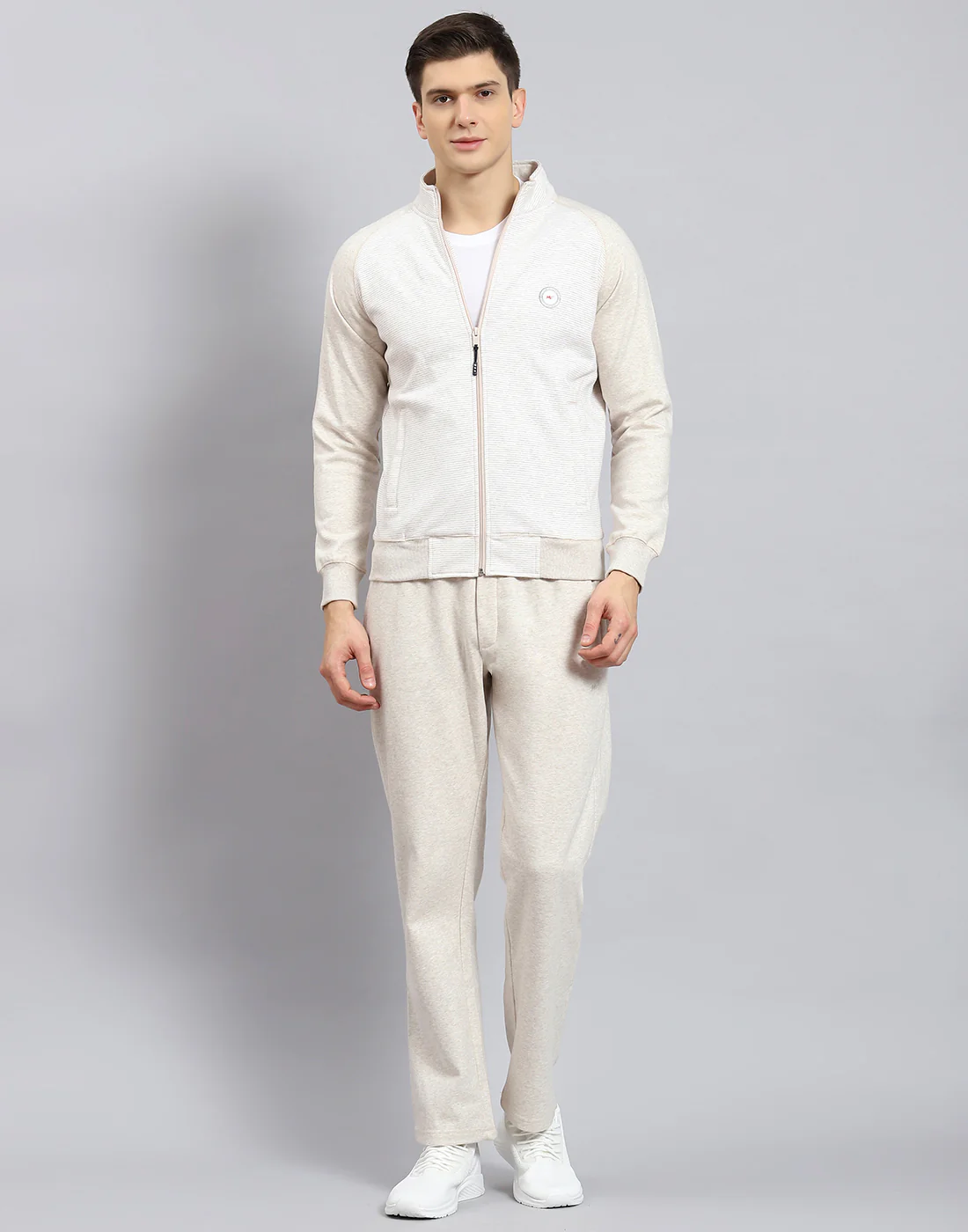 Men Off White Solid Stand Collar Full Sleeve Tracksuit - Image 3