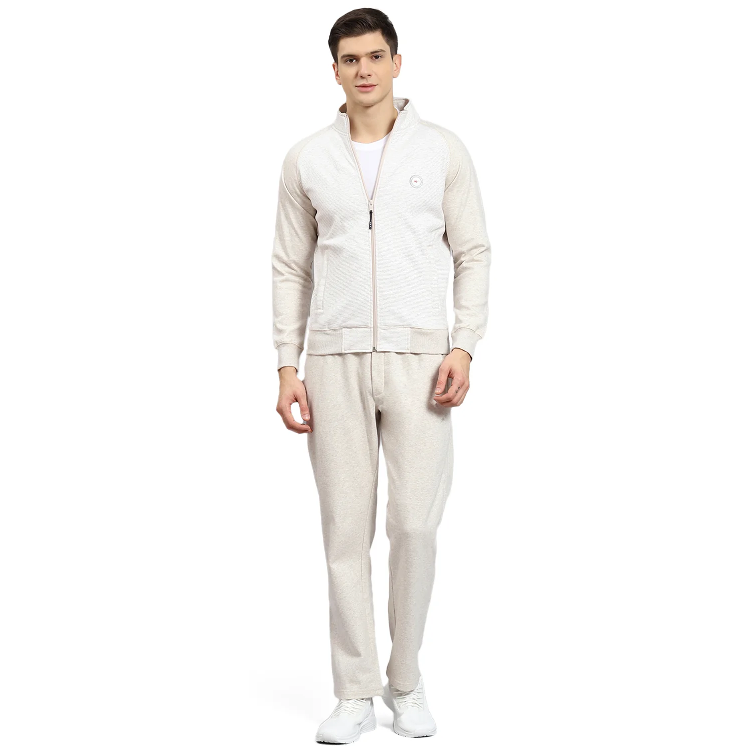 Men Off White Solid Stand Collar Full Sleeve Tracksuit - Image 5