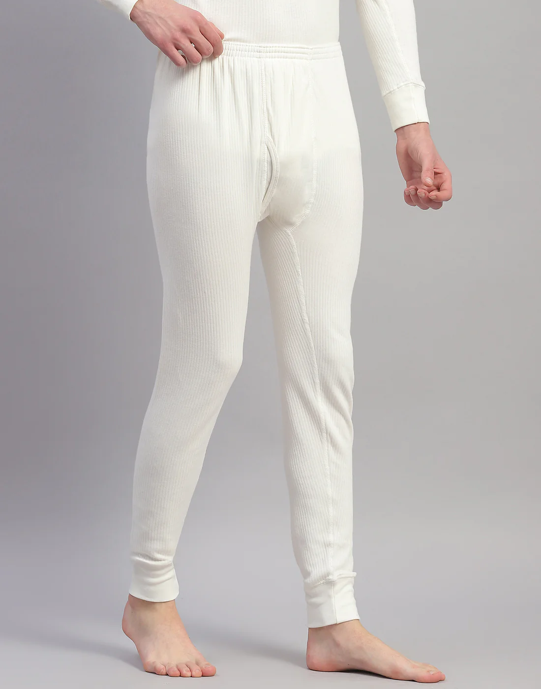 Men Off White Solid Thermal Lower - Image 4
