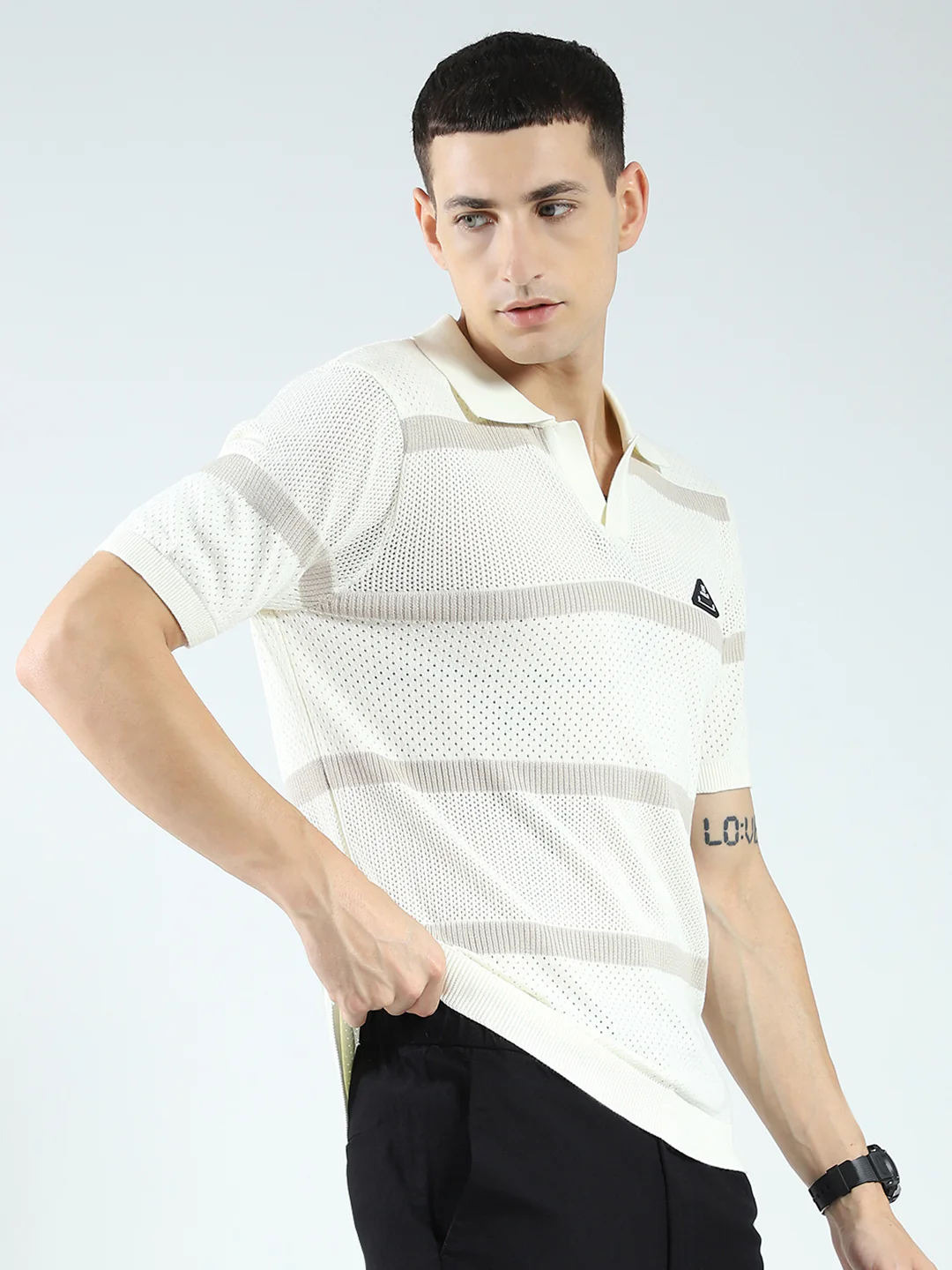Rock.it Men Off White Stripe Collar Half Sleeve T-Shirt - Image 4