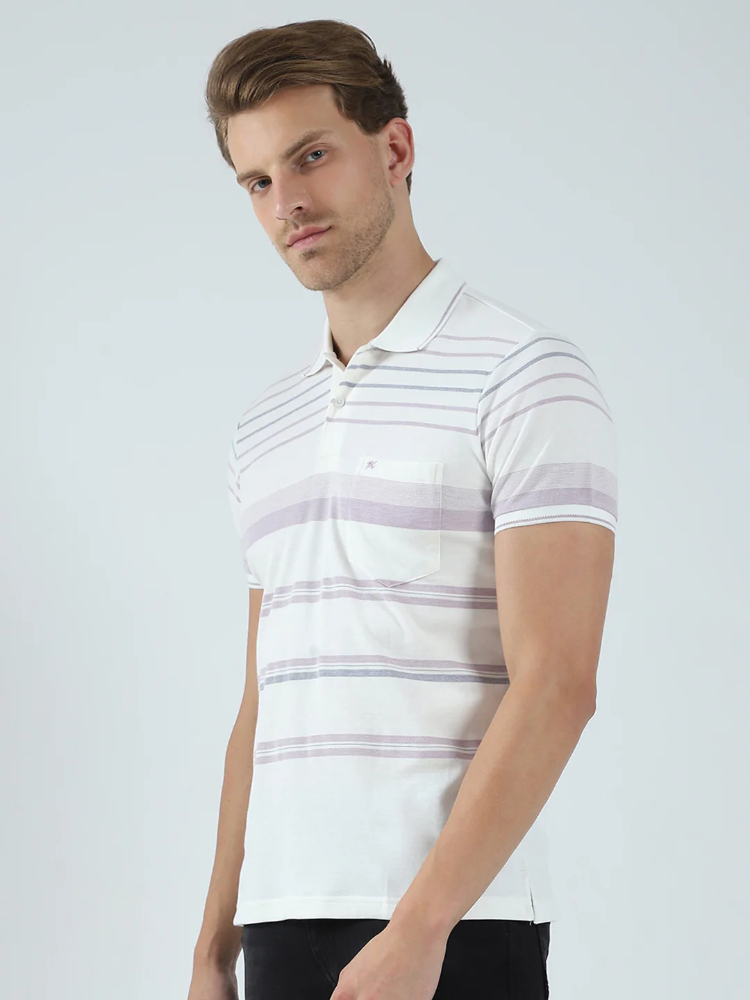 Men Off White Stripe Collar Half Sleeve T-Shirt - Image 3