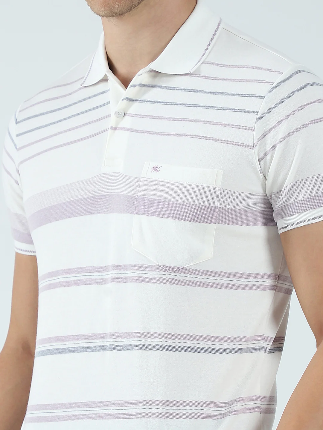 Men Off White Stripe Collar Half Sleeve T-Shirt - Image 6