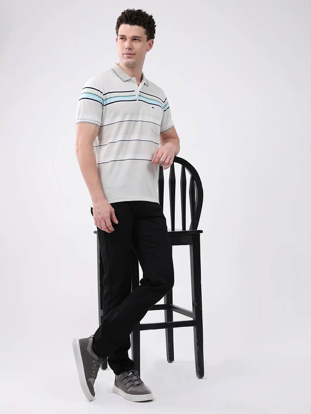 Men Off White Stripe Collar Half Sleeve T-Shirt - Image 2