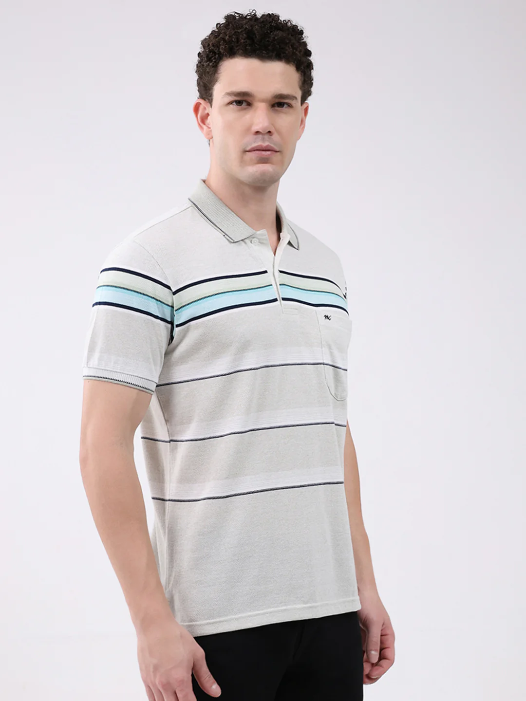 Men Off White Stripe Collar Half Sleeve T-Shirt - Image 4
