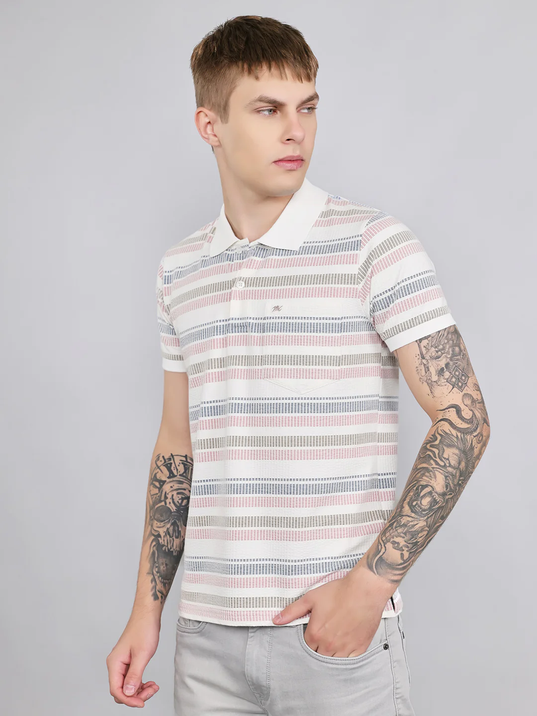 Men Off White Stripe Collar Half Sleeve T-Shirt - Image 2