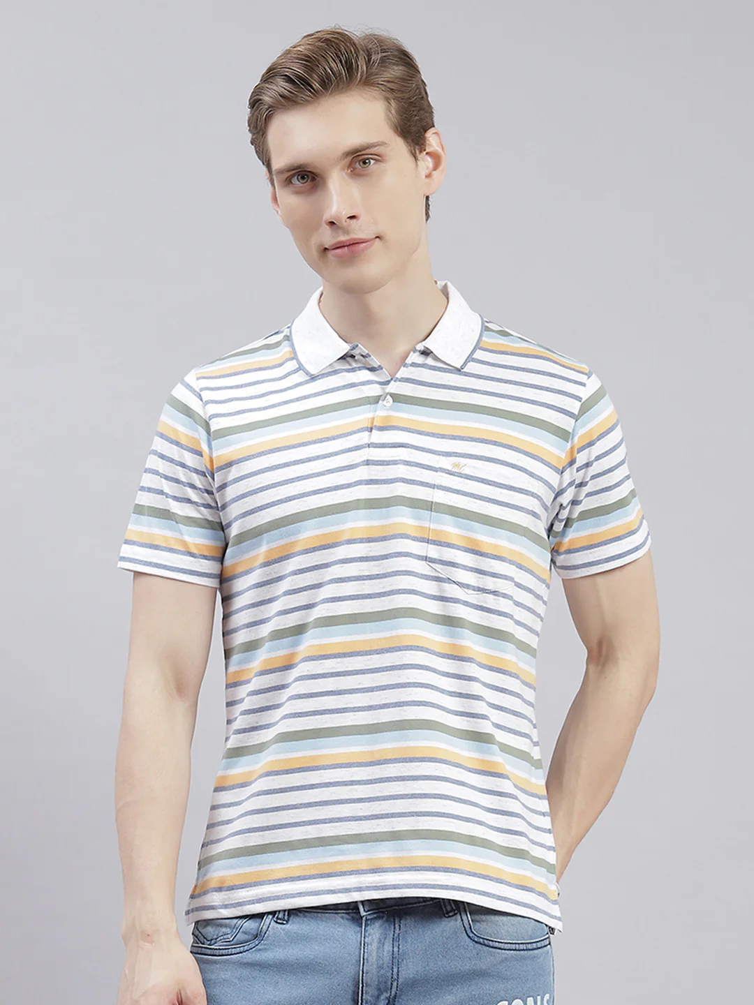 Men Off White Stripe Collar Half Sleeve T-Shirts - Image 2