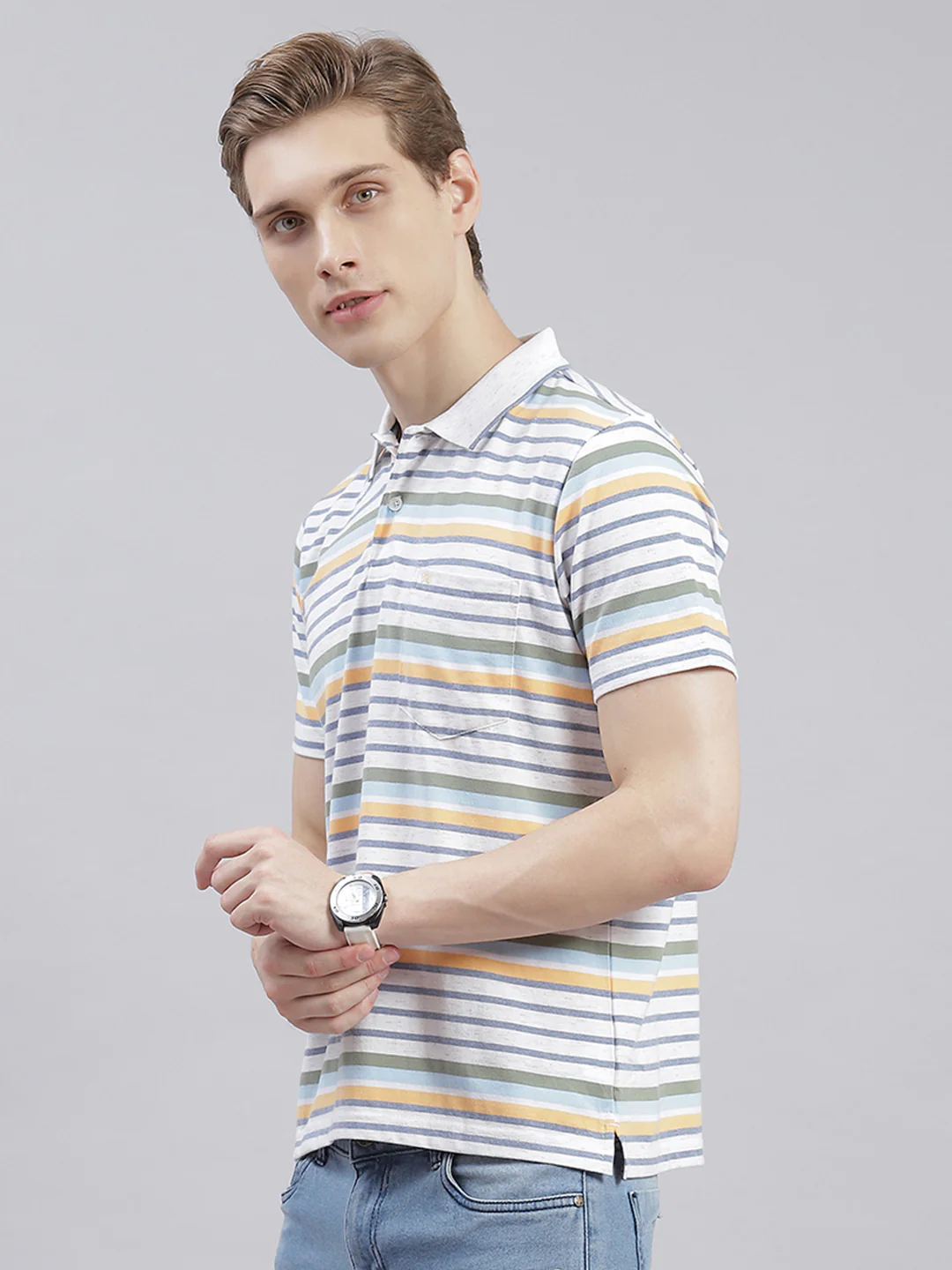 Men Off White Stripe Collar Half Sleeve T-Shirts - Image 3