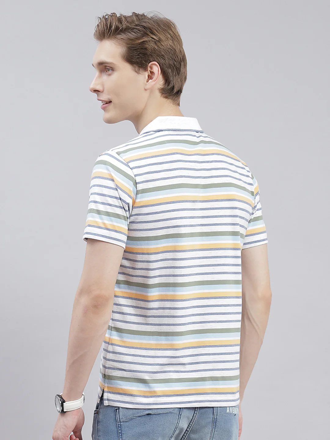 Men Off White Stripe Collar Half Sleeve T-Shirts - Image 5