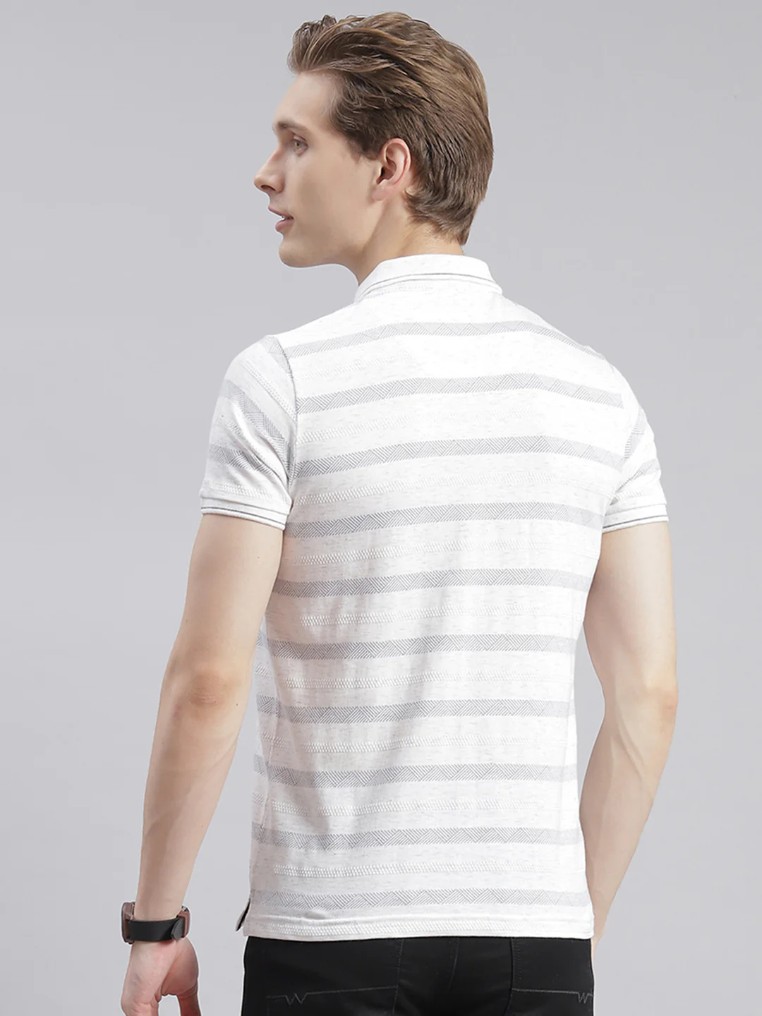 Men Off White Stripe Collar Half Sleeve T-Shirts - Image 5
