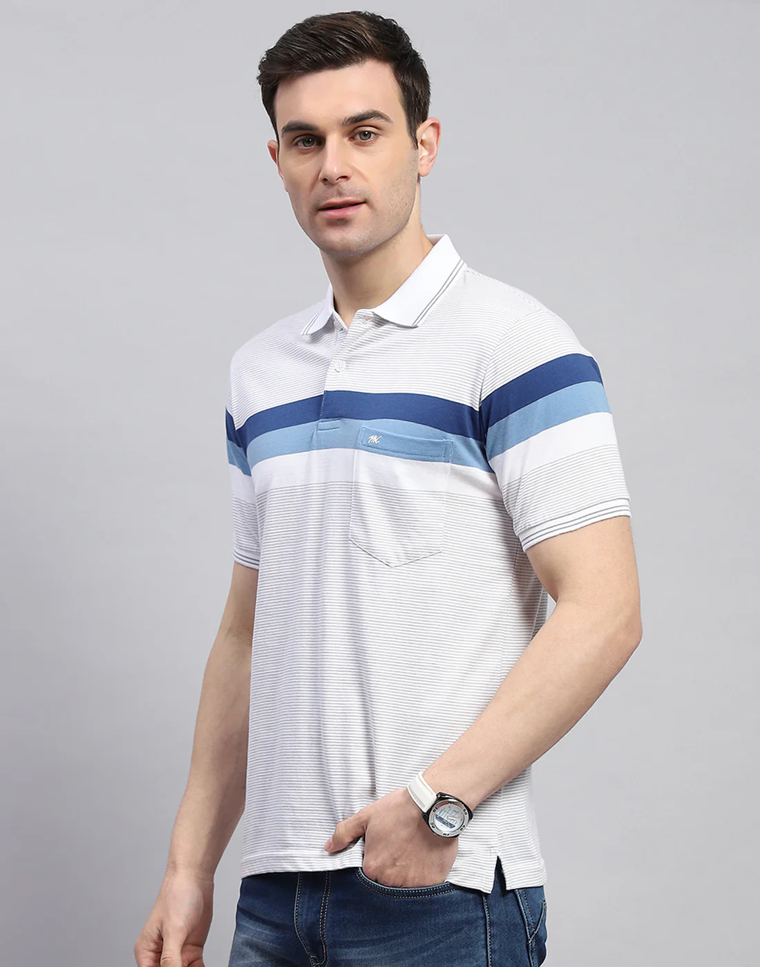 Men Off White Stripe Polo Collar Half Sleeve T-Shirt - Image 3