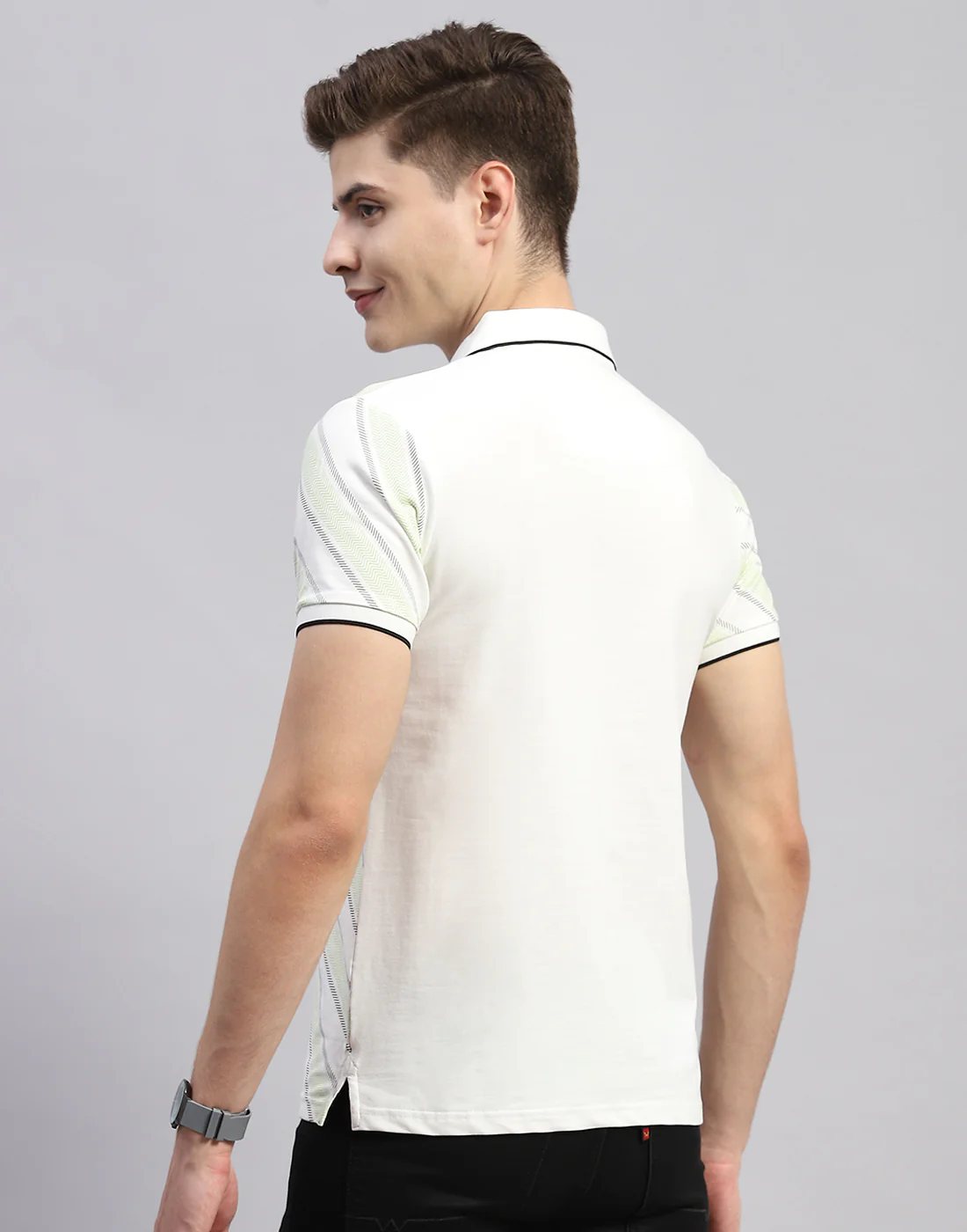 Men Off White Stripe Polo Collar Half Sleeve T-Shirt - Image 5