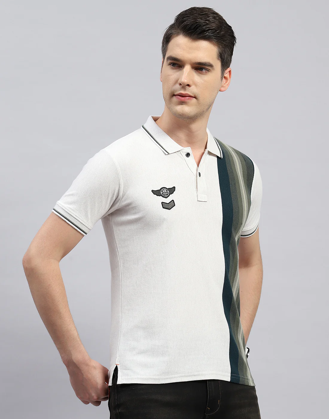 Men Off White Stripe Polo Collar Half Sleeve T-Shirt - Image 4