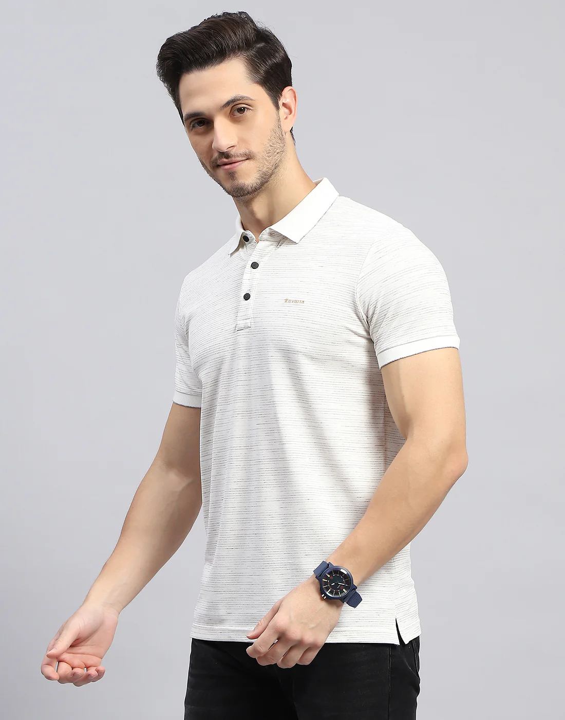 Men Off White Stripe Polo Collar Half Sleeve T-Shirt - Image 3