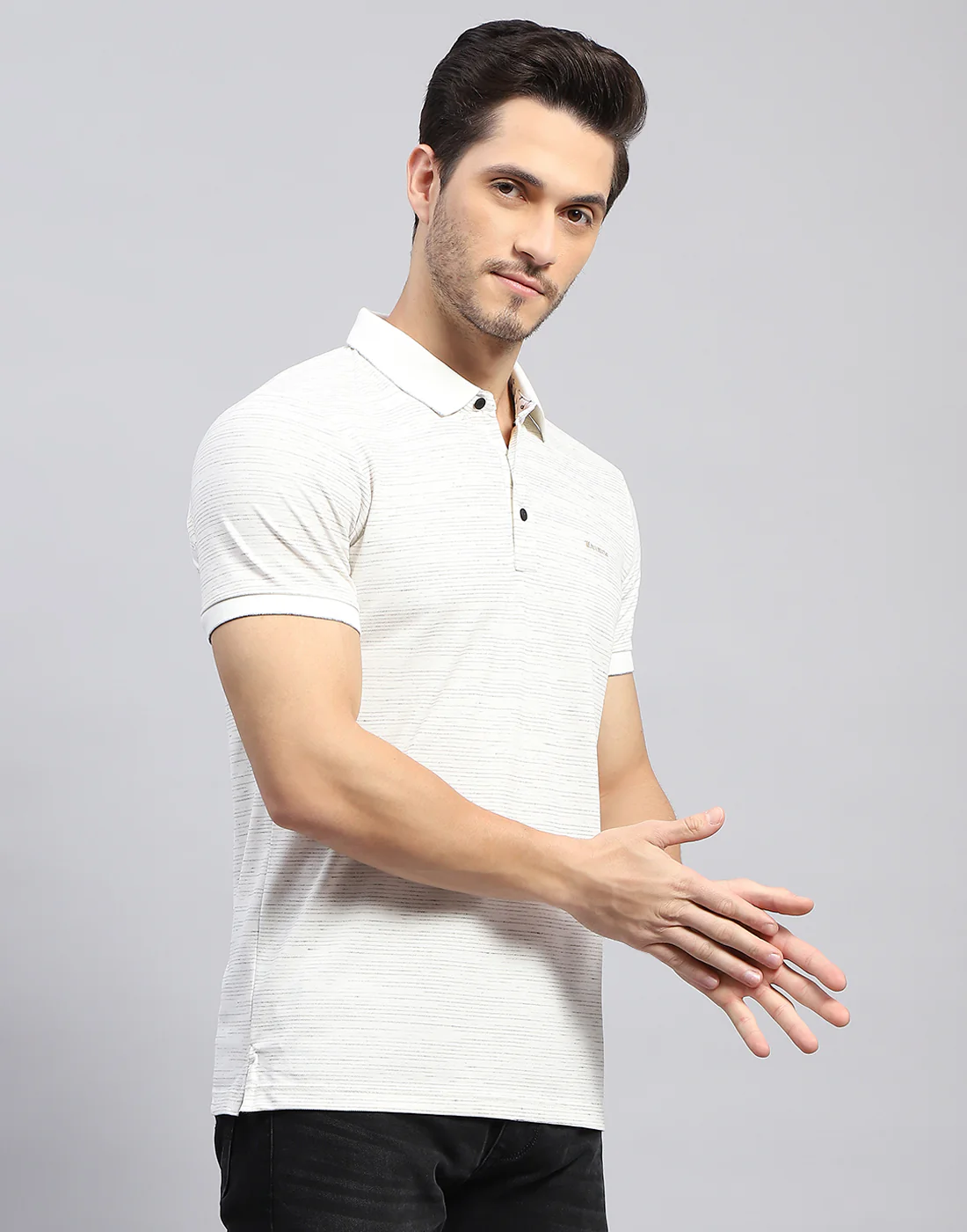 Men Off White Stripe Polo Collar Half Sleeve T-Shirt - Image 4