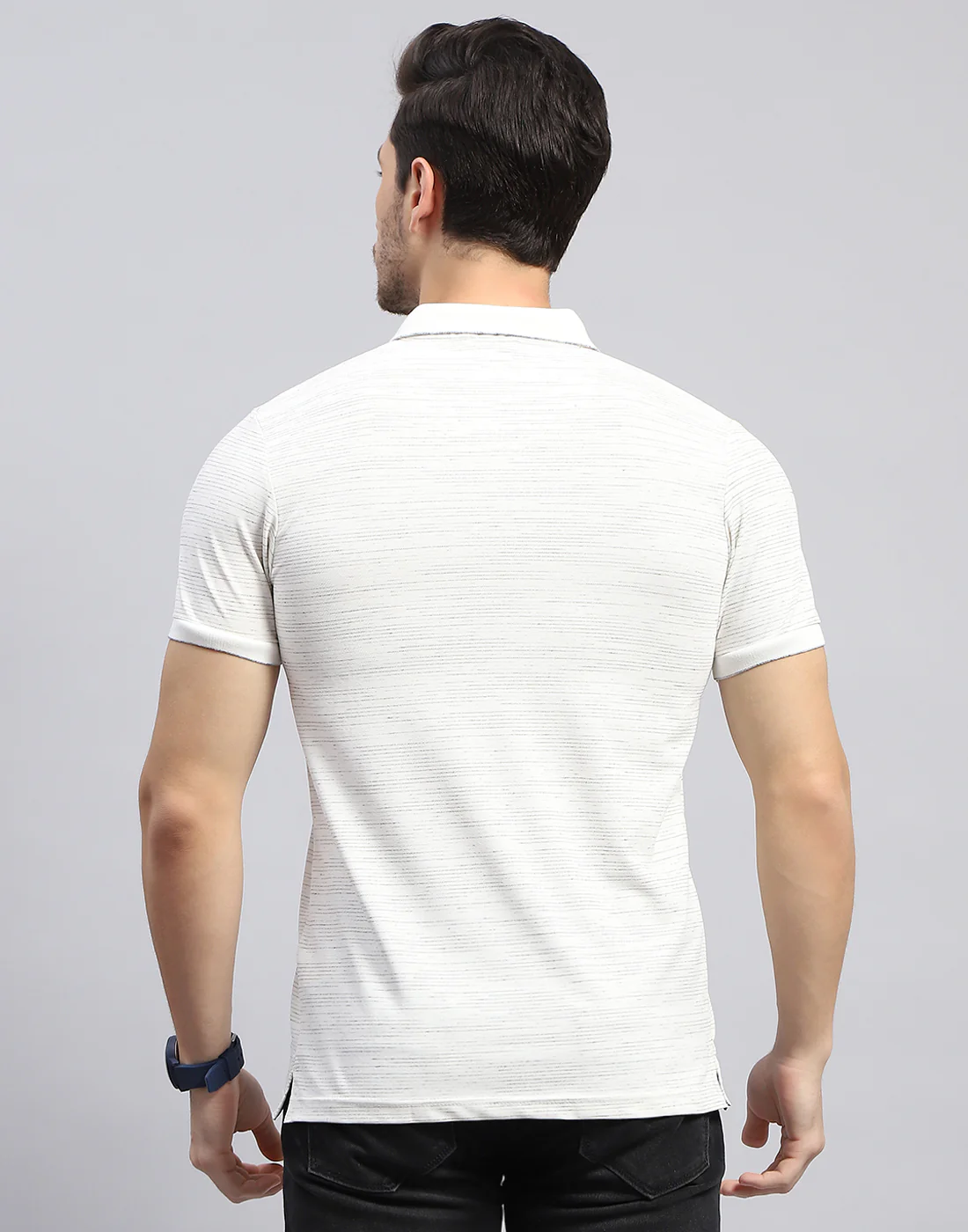 Men Off White Stripe Polo Collar Half Sleeve T-Shirt - Image 5