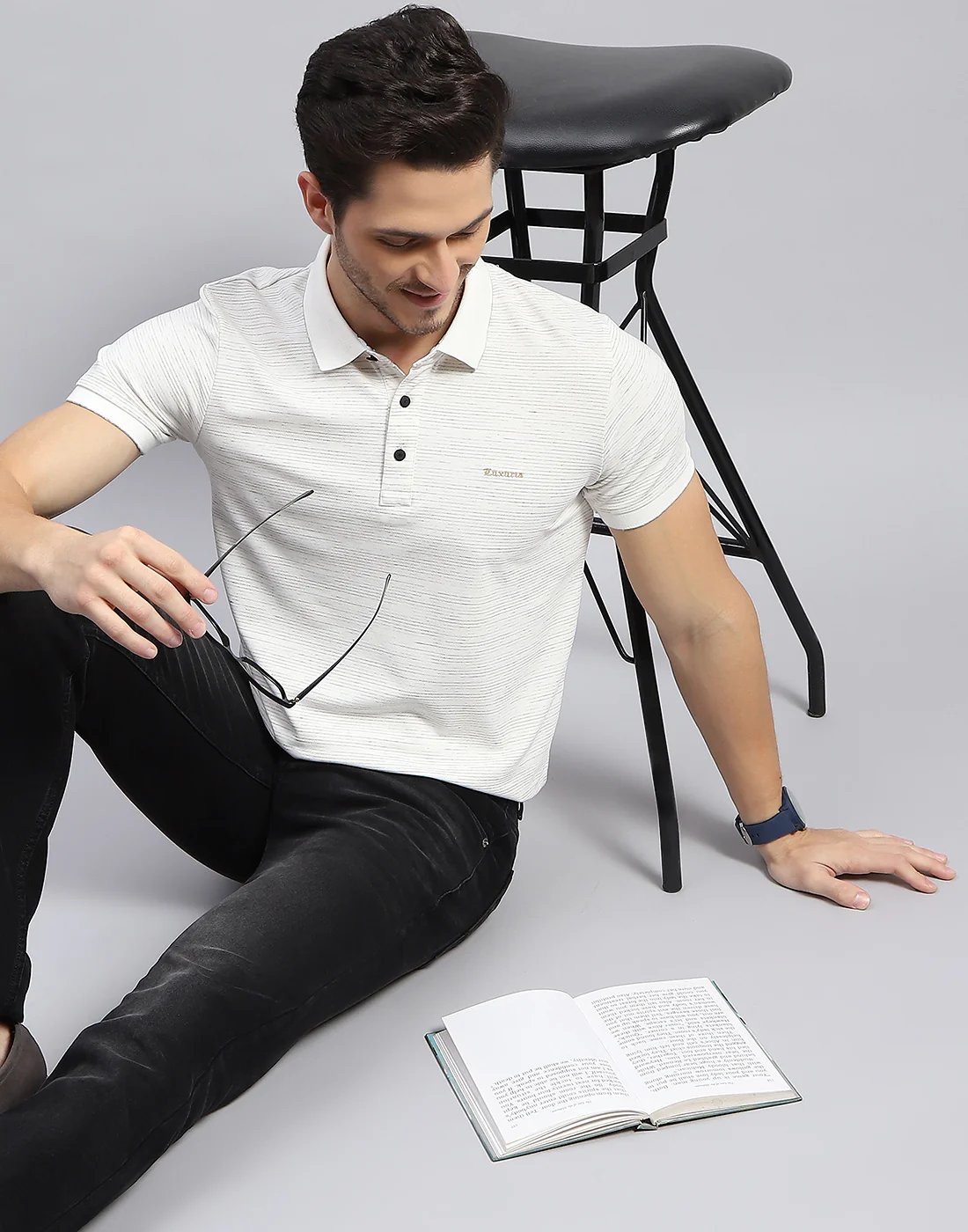Men Off White Stripe Polo Collar Half Sleeve T-Shirt - Image 6