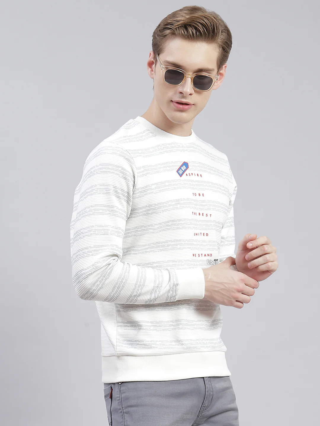 Men Off White Stripe Round Neck Full Sleeve Sweatshirts - Image 4