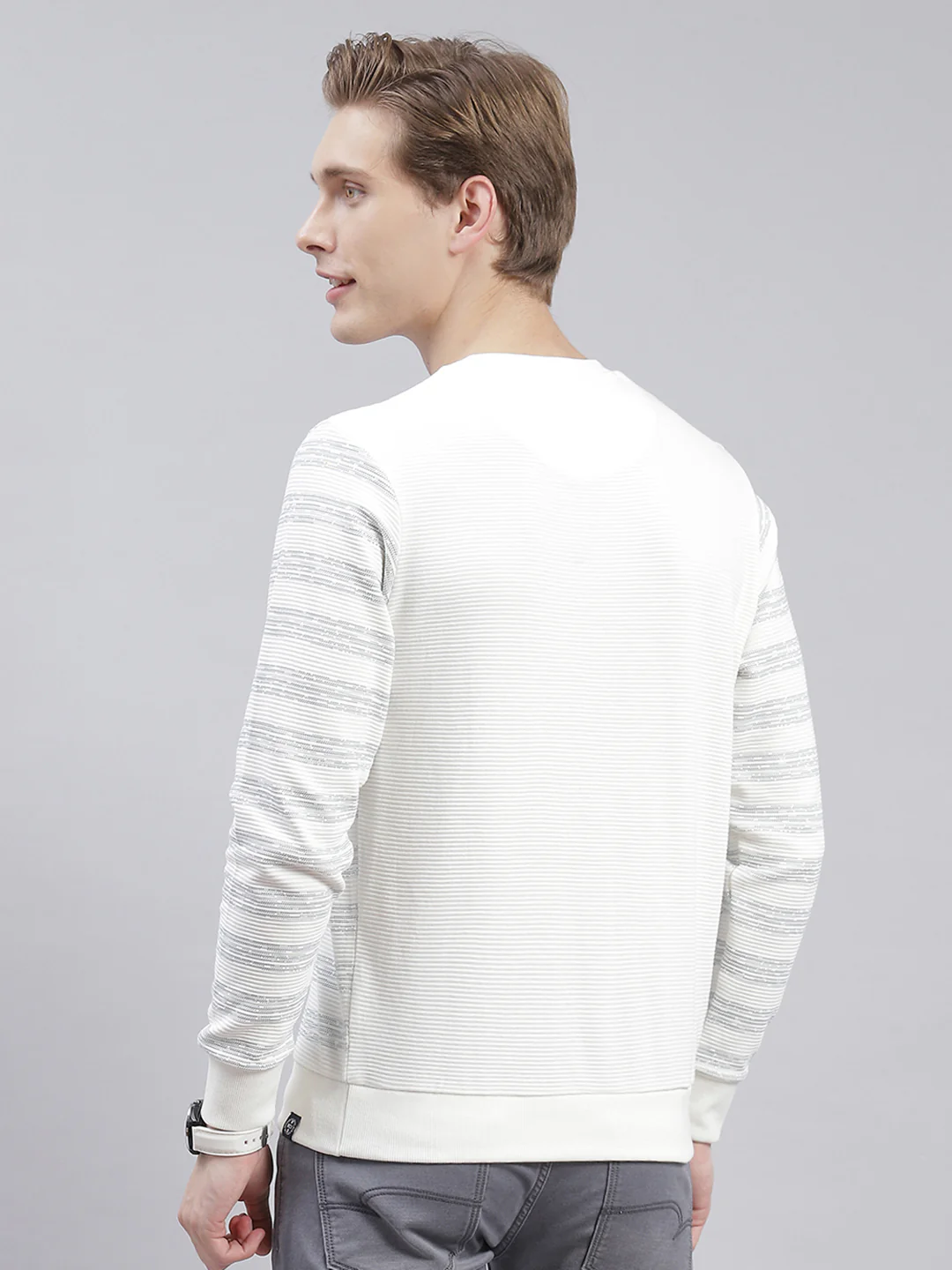 Men Off White Stripe Round Neck Full Sleeve Sweatshirts - Image 5
