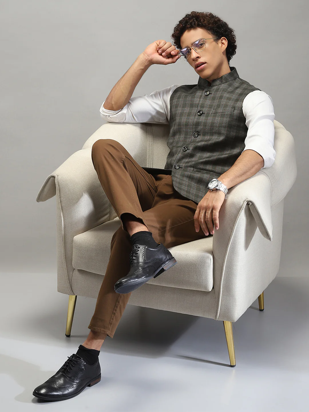 Men Olive Check Band Collar Sleeveless Jacket - Image 2