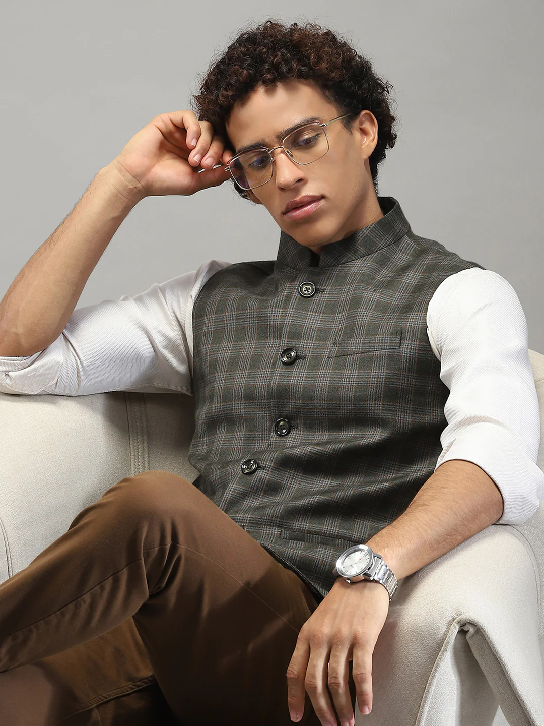 Men Olive Check Band Collar Sleeveless Jacket - Image 6