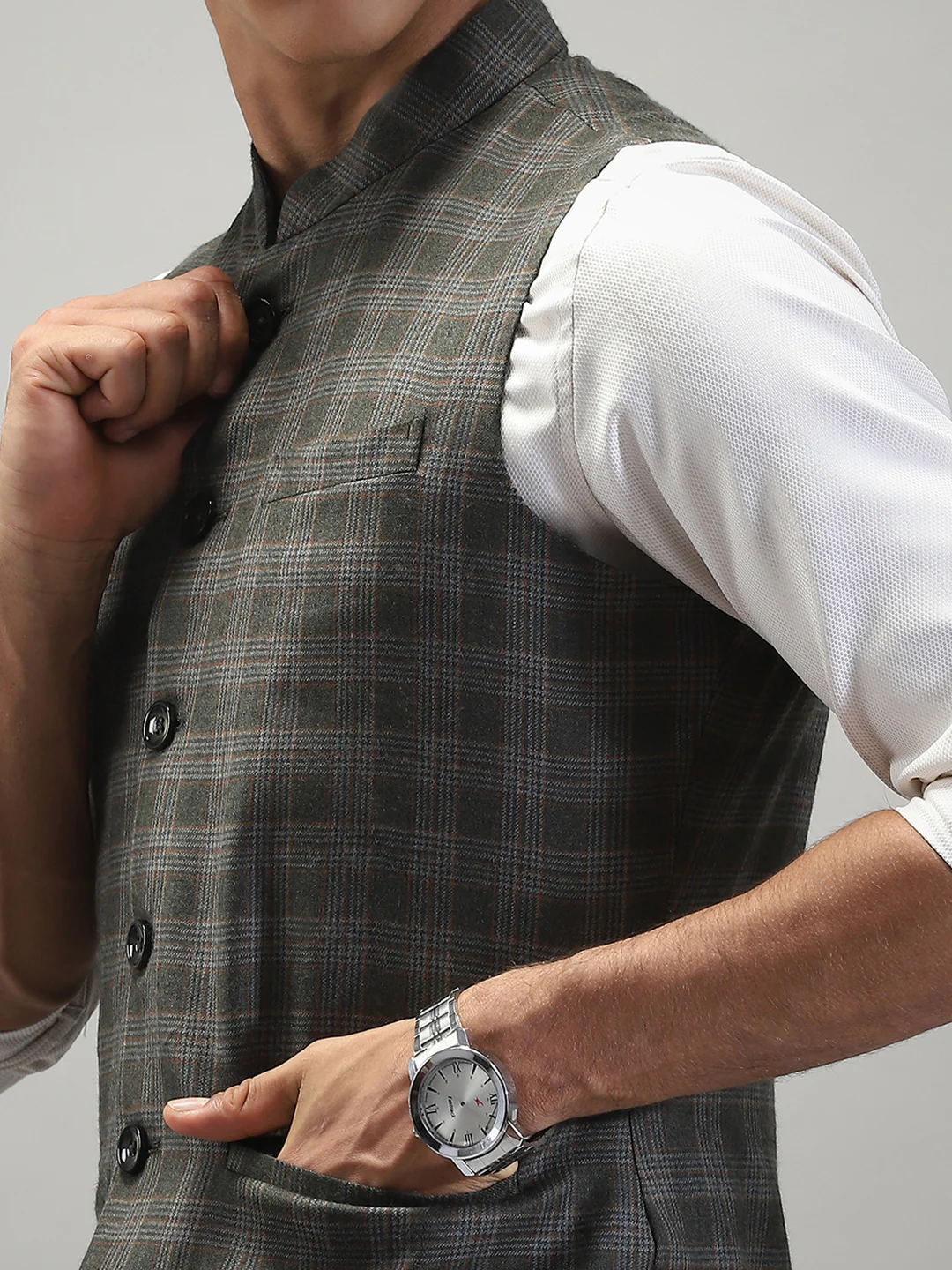 Men Olive Check Band Collar Sleeveless Jacket - Image 7