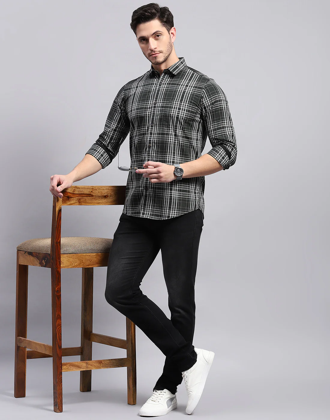 Men Olive Check Collar Full Sleeve Shirt - Image 2