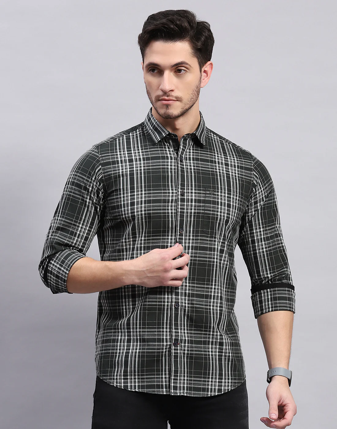 Men Olive Check Collar Full Sleeve Shirt - Image 3