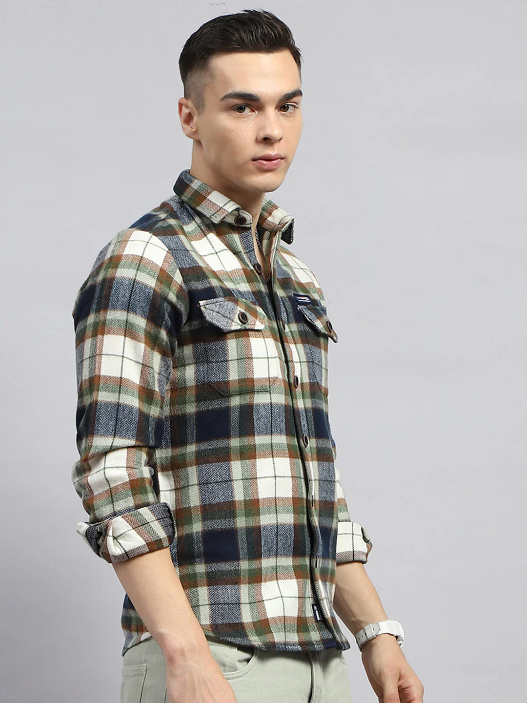 Men Olive Check Collar Full Sleeve Shirt - Image 4